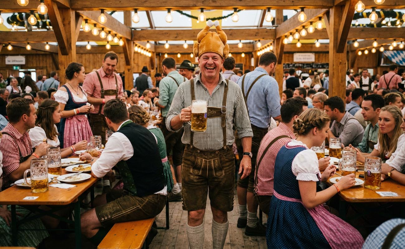 Why do people wear chicken hats at Oktoberfest?