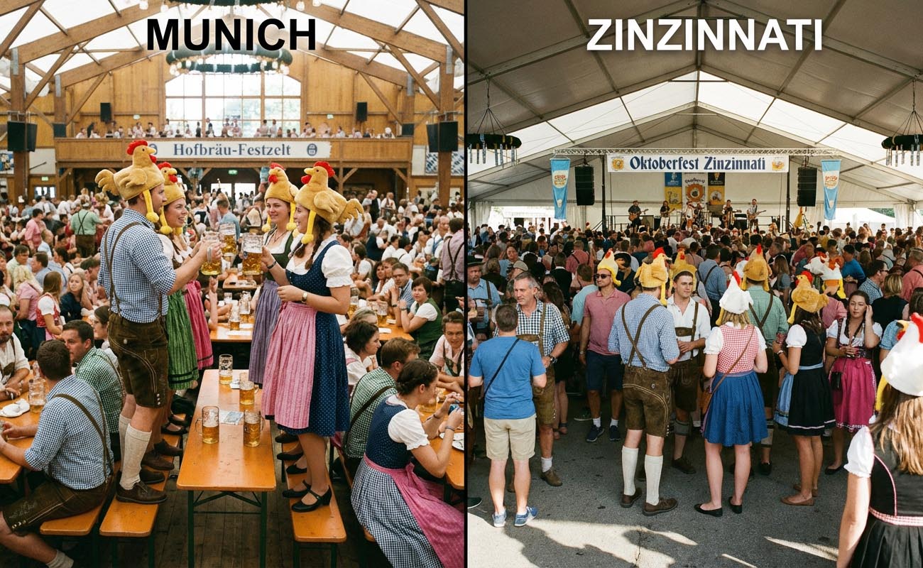 Why do people wear chicken hats at Oktoberfest?