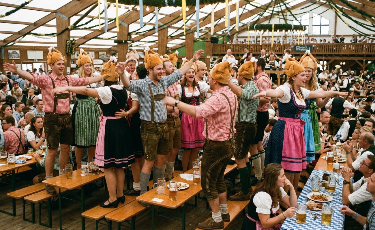 Why do people wear chicken hats at Oktoberfest?